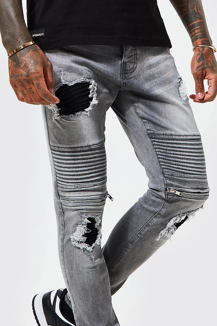 Skinny Stretch Rip & Repair Zip Biker Jeans | boohooMAN USA Skinny Stretch Rip & Repair Zip Biker Jeans | boohooMAN USA